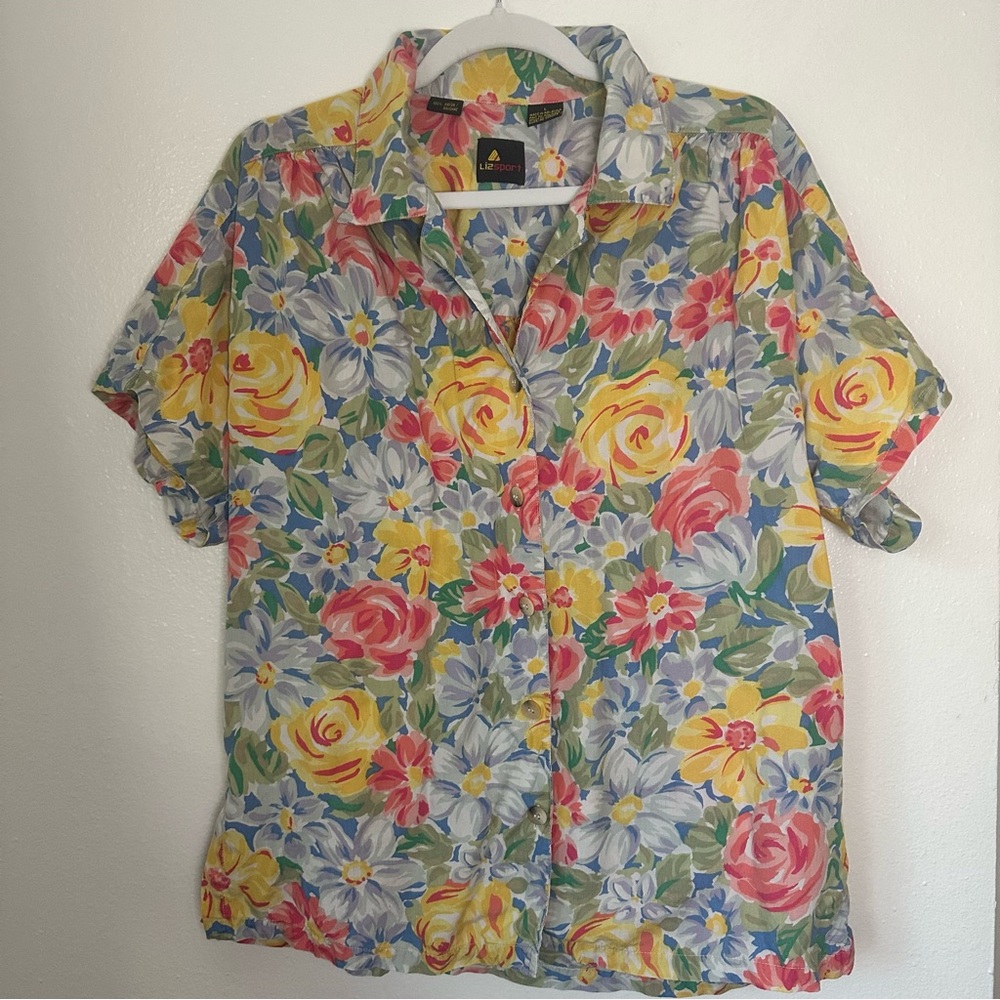 Vintage 80s floral short sleeve button up blouse tropical Rayon top Size Large